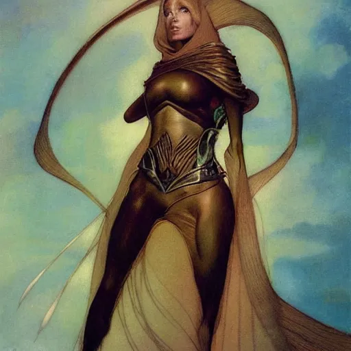 Prompt: beautiful female Fremen on Dune, by Edgar Maxence and Ross Tran and Michael Whelan and Gustav Klimpt