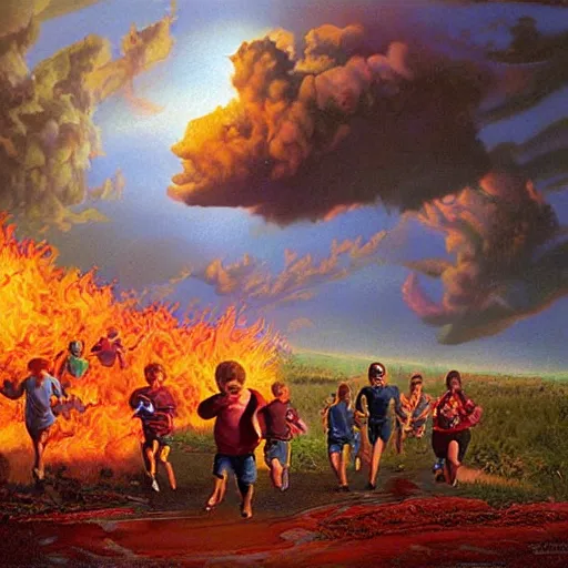 Image similar to a running child surrounded covered, lightning, vapor, mist, smoke, blood drops, fire, a highly detailed matte painting by John Philip Falter and Jason Edmiston