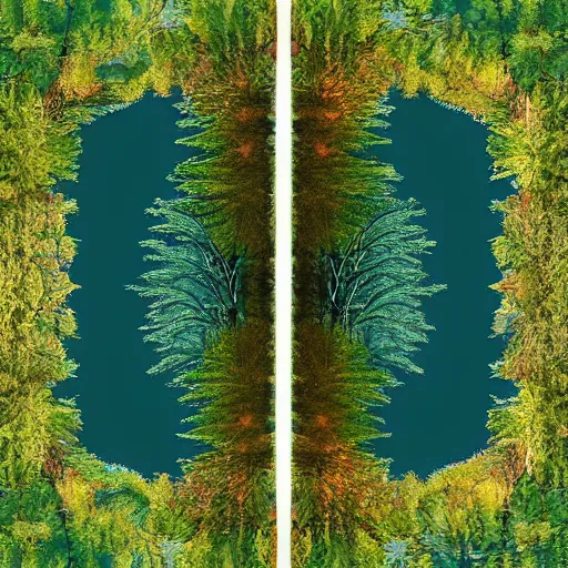 Image similar to escher painting of a lake, big trees reflecting on lake surface, ultra sharp, ultra detailed, colorized by salvador