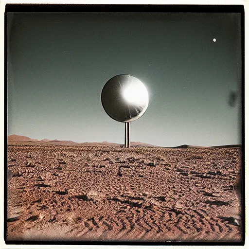 Prompt: a big metal disk over a the desert at night, distant!!, historical photo, old polaroid, expired film,