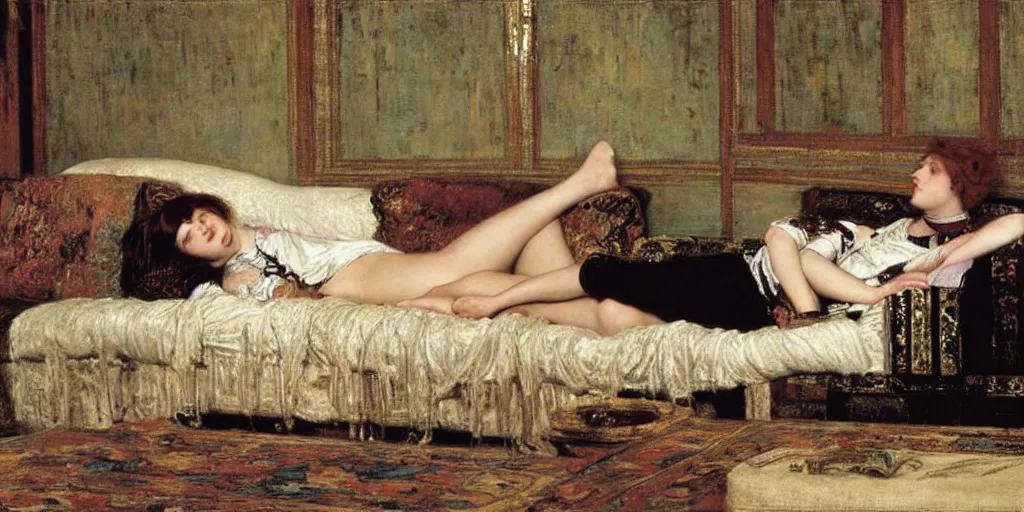 Image similar to A girl reclining on a sofa by Lawrence Alma-Tadema, orientalism,