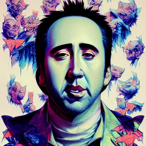 Image similar to prompt : gogo singer nicolas cage illustration portrait soft light painted by james jean and katsuhiro otomo and erik jones, inspired by evangeleon anime, smooth face feature, intricate oil painting, high detail illustration, sharp high detail, manga and anime 1 9 9 9