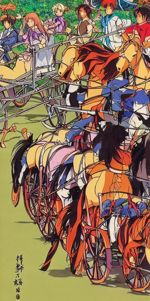 Image similar to a chariot drawn by horses in japan, 1990s anime, full color,
