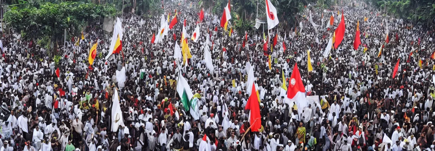 Image similar to jakarta is full of supporters of habib riziq, they demonstrate while carrying jihad flags, very high resolution images, with very fine details, taken by the world's most famous photographers