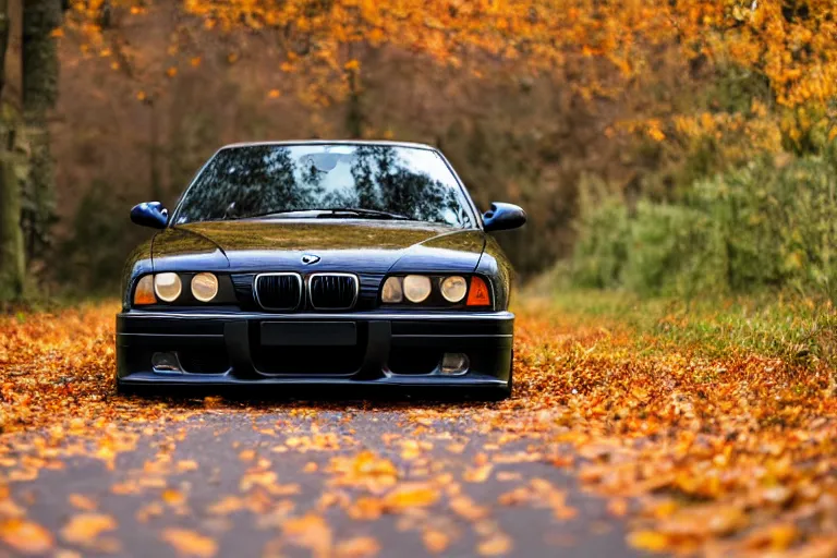 Image similar to A BMW e36 parked in a road with trees, autumn season, Epic photography, taken with a Leica camera, 50 mm, depth of field