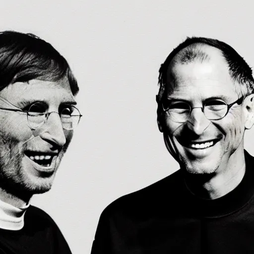 Image similar to Steve Jobs and Bill Gates laughing at an interview, sketch art