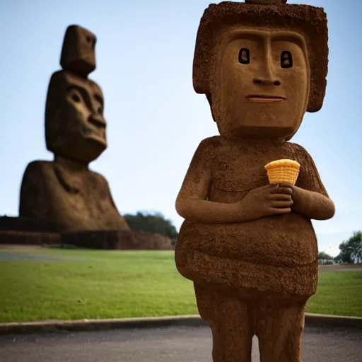 Prompt: a very disgusted and crying kid holding and looking an ice cream cone with a small moai statue in the cone, 4 k photograph