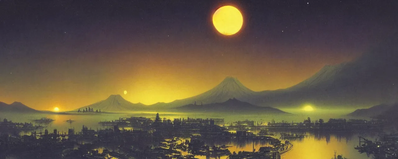 Image similar to awe inspiring bruce pennington landscape, digital art painting of 1960s, japan at night, 4k, matte