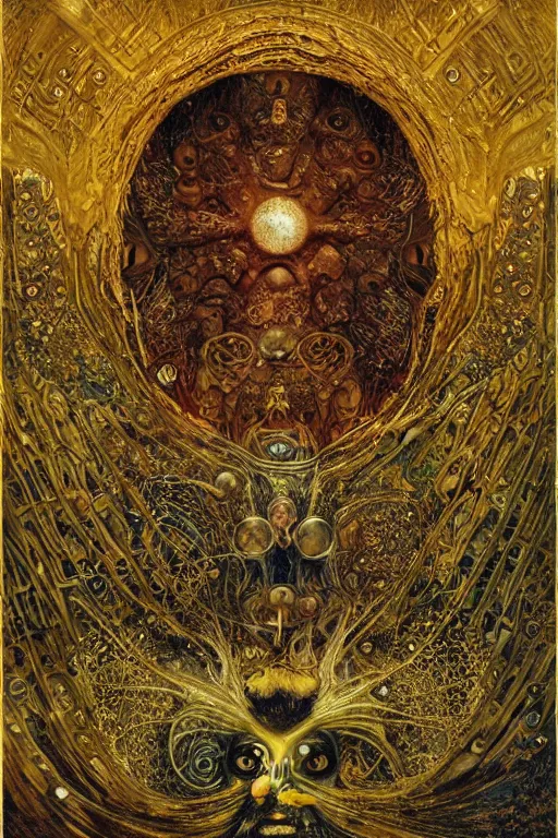 Image similar to The Helliquary by Karol Bak, Jean Deville, Gustav Klimt, and Vincent Van Gogh, lockbox, otherworldly, locks, vault, chains, fractal structures, arcane, inferno, inscribed runes, reliquary, infernal relics, ornate gilded medieval icon, third eye, spirals