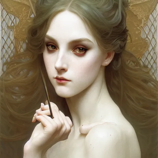 Image similar to Portrait of beautiful pale goth girl, cinematic lighting, intricate, elegant, highly detailed, digital painting, artstation, smooth, sharp focus, illustration, art by artgerm and greg rutkowski and alphonse mucha and Wayne Barlowe and william-adolphe bouguereau