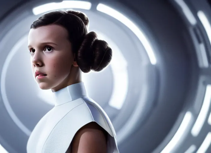 Image similar to film still of!!!! millie bobby brown!!! as princess leia in star wars movie, hair pulled back, closeup portrait, wearing long white robe, deep focus, exploring interior of a spaceship, glamour pose, dramatic lighting, octane, mist, volumetric lighting, 8 k