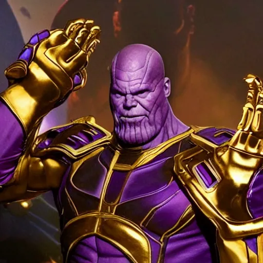 Image similar to thanos in a rap video with female backup dancers, he's wearing gold chains and hammer - pants