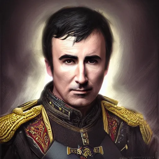 Image similar to portrait of stoic looking john oliver as the vigo carpathian painting, military uniform, fantasy, intricate, elegant, beautiful, highly detailed, charcoal, centered, dark, smokey, digital painting, artstation, concept art, smooth, sharp focus, illustration, art by artgerm and greg rutkowski and alphonse mucha