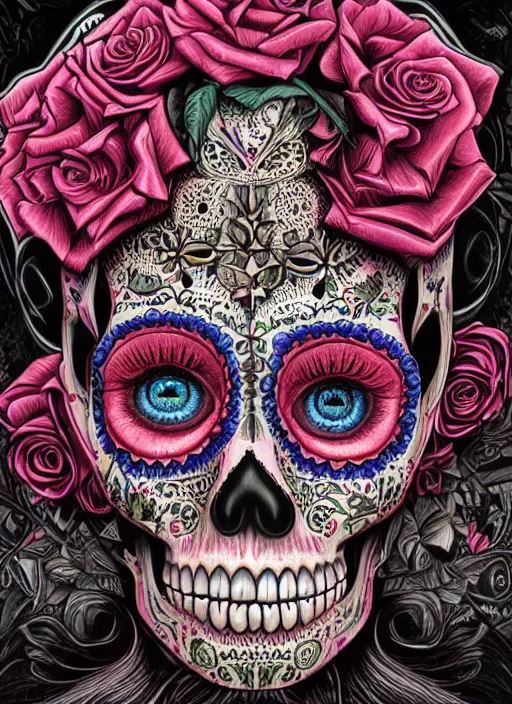 Prompt: portrait of a sugar skull, neon eyes, intricate, highly detailed, smooth, digital illustration, artstation, the dark and quirky art of scott radke