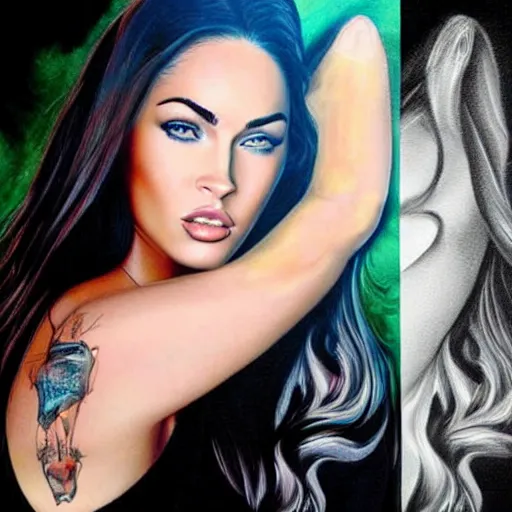 Image similar to “Megan Fox airbrush paintings, ultra detailed portrait, 4k resolution”