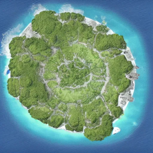 Image similar to detailed topdown map from google maps, of an island