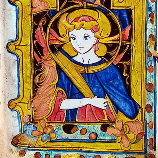 Image similar to medieval illuminated manuscript bible page depicting a magical girl madoka magika