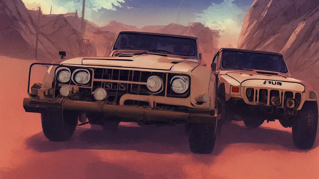 Image similar to digital illustration of mad max's fj 4 0 pursuit special, the last v 8 interceptor driving down a deserted valhalla highway in the middle of the day by studio ghibli, anime style year 2 0 9 3, by makoto shinkai, ilya kuvshinov, lois van baarle, rossdraws, basquiat