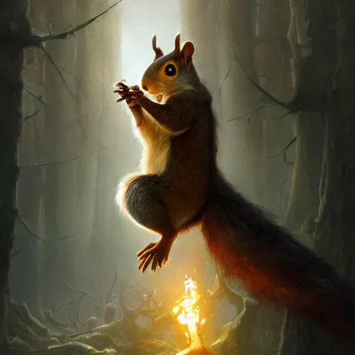 Prompt: a squirrel wizard, Justin Gerard and Greg Rutkowski, realistic painting, Digital art, very detailed, High definition, trending on Artstation