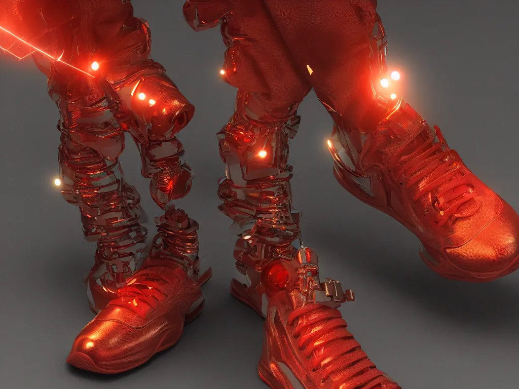Prompt: realistic 3 d render of a cyberpunk android foot wearing sneakers, beautiful studio lighting, soft, sharp focus, neon cyberpunk highlights, intricate detail, gold and red accents, soft rubber, octane render, side view, close up, trending on artstation, deviantart