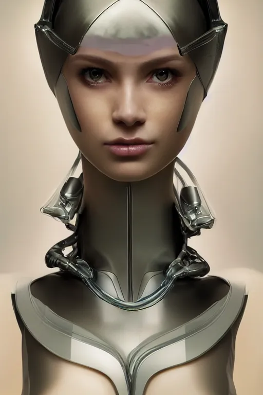 Prompt: a beautiful half body image of a futuristic android with body made of translucent plastic, long hair made of cellophane with a plastic hood and mechanical internal parts, symmetrical and realistic proportions by Irakli Nadar, tom bagshaw, Charlie Bowater with details by Jason Felix, furio tedeschi, face by ilya kuvshinov, artgerm, cinematic backlit lighting, beauty retouch, elite, photo realistic, octane render, hyper real, ultra detailed, trending on artstation pinterest and deviantart