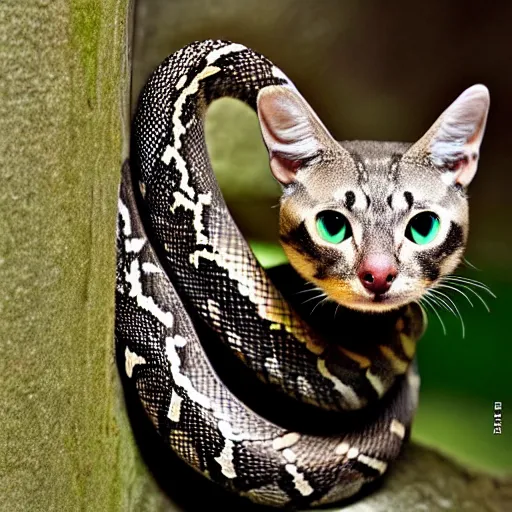 Prompt: a snake - cat - hybrid, reptile, animal photography