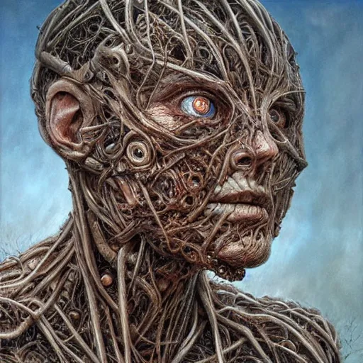 Image similar to Broken god, hyper-realistic oil painting, Body horror, biopunk, by Peter Gric, Marco Mazzoni