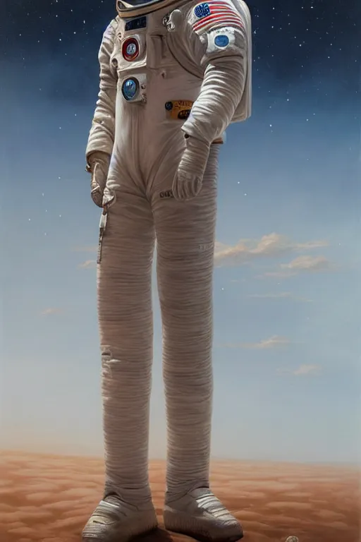 Image similar to a stunning ultra realistic fine art painting of an astronaut walking on Mars, by tom bagshaw, studio portrait, muted colors, detailed hair, 4K