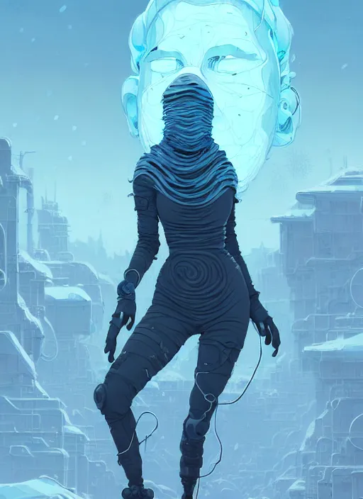 Image similar to highly detailed portrait of wasteland long curly white ice shard hair ninja mask curvy physique lady, stray wiring by atey ghailan, james gilleard, by joe fenton, by greg rutkowski, by greg tocchini, by kaethe butcher, 4 k resolution, gradient blue, cyan, black and white color scheme!!! ( ( snowy glaciated robotic dystopian city background ) )