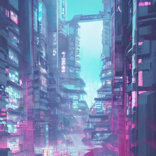 Prompt: beautiful japanese cyberpunk futuristic landscape painting, teal and pink, matte painting, depth of field, by tuomas korpi, trending on artstation