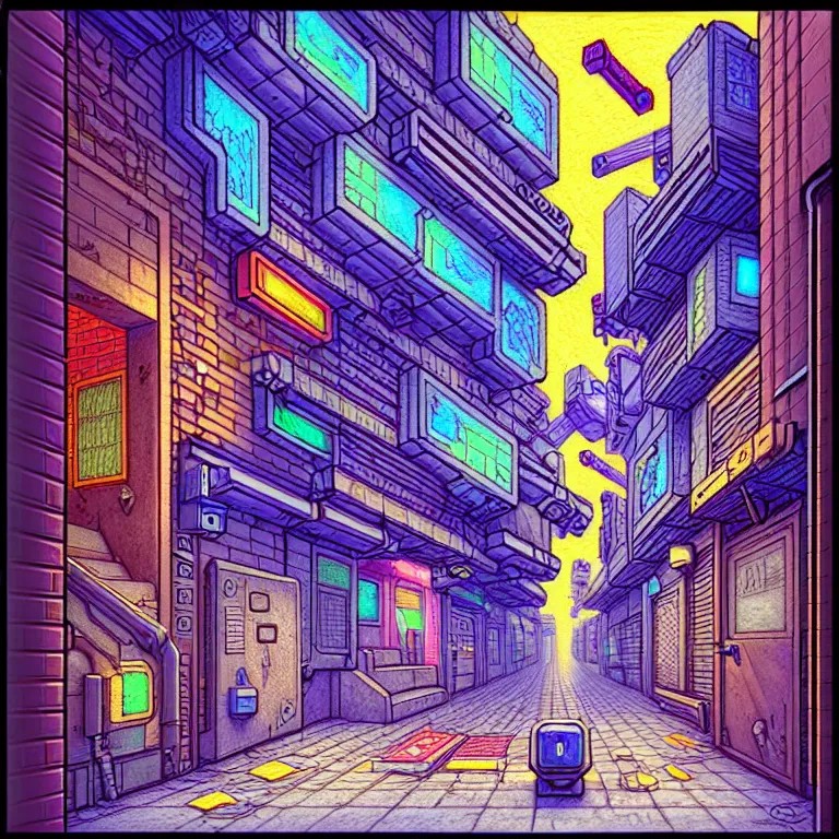 Prompt: an absurdly-detailed isometric cyberpunk alleyway colored-pencil drawing as a fancy square tile