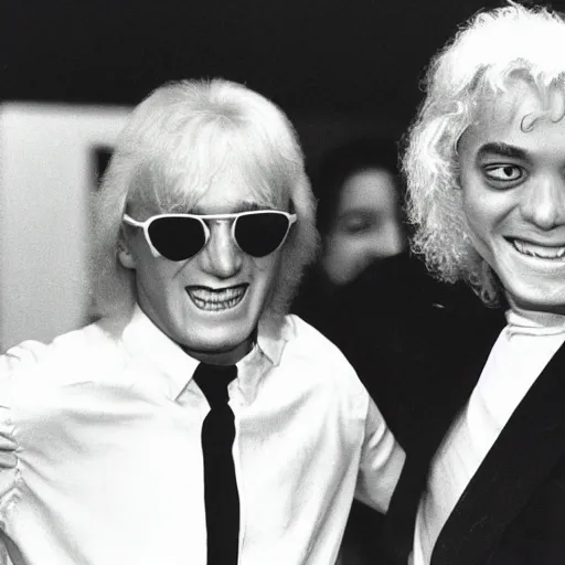 Image similar to jimmy saville and michael jackson laughing with reptilians