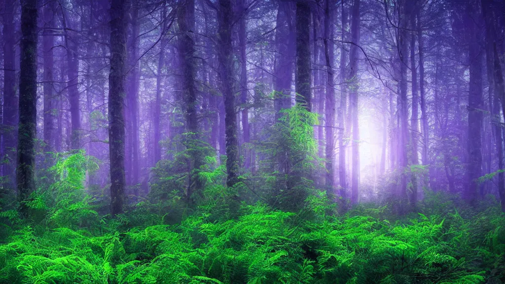 Image similar to portrait of an ethereal evergreen forest made of green and purple light, divine, cyberspace, mysterious, dark high-contrast concept art, log cabin made of blue light