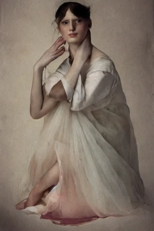 Prompt: hyperrealism fashion portrait girl in a ballet dress sits on a silk cloth by Roversi photo from The Holy Mountain by Alejandro Jodorowsky in style of Francisco Goya
