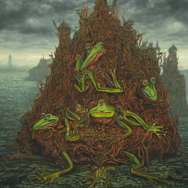 Prompt: a painting of the kings of frog island by johfra bosschart, dark fantasy art, high detail, trending on artstation