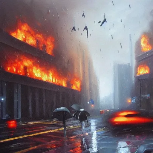 Image similar to hyperrealistic oil painting of the aliens invading earth at the rainy day all the people are running the street are ruined the buildings are on fire and the aliens are shooting laser guns 3 d