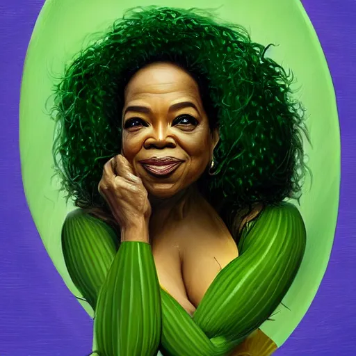 Image similar to a dish of oprah winfreys face fused with okra veg with green stalky ( ( green oprah winfrey's face ) ), oprah okra winfrey sentient veg, by greg rutkowski