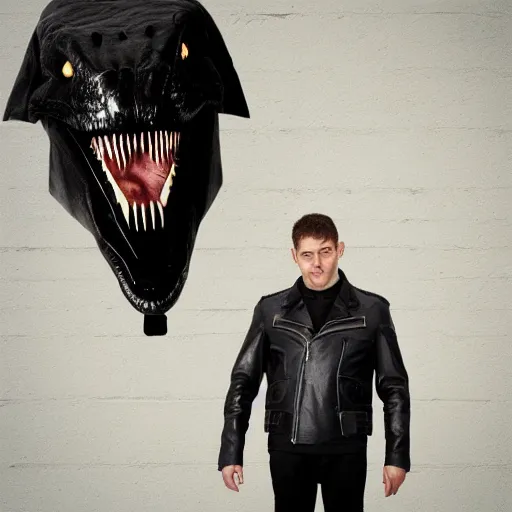 Image similar to t-rex in a leather jacket
