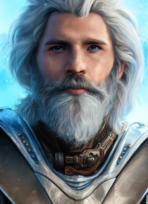 Image similar to an epic fantastic realism comic book style portrait painting of an aasimar paladin, male, shaggy silver hair, short brown beard, d & d concept art, unreal 5, daz, teal aesthetic, octane render, cosplay, rpg portrait, dynamic lighting