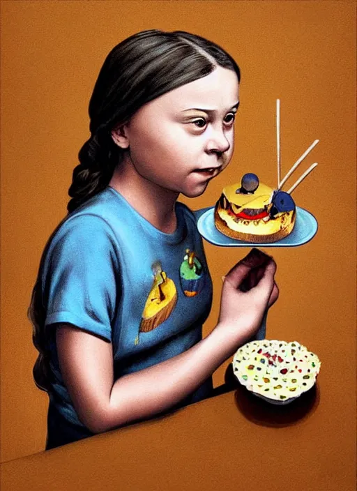 Image similar to greta thunberg eating cakes painted by salvador dali, detailed digital art, trending on Artstation