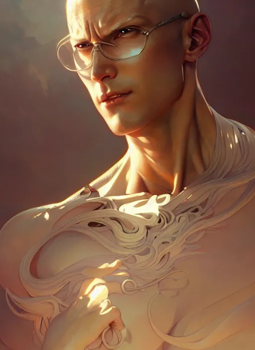 Image similar to ultra realistic illustration, handsome saitama, intricate, elegant, highly detailed, digital painting, artstation, concept art, smooth, sharp focus, illustration, art by artgerm and greg rutkowski and alphonse mucha and wlop