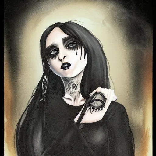 Prompt: A portrait of the character, Death, a young Goth girl wearing a black vest