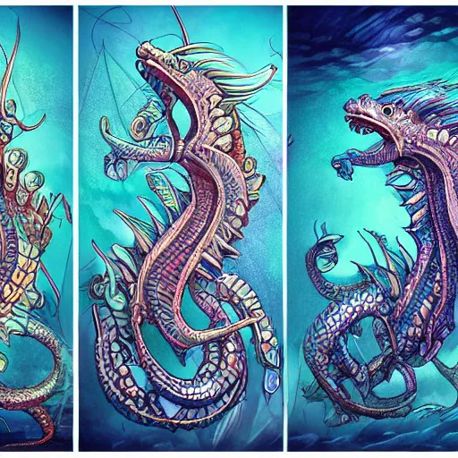 Image similar to underwater sea dragon full body, d & d style, trending on artstation, colorful, intricate, highly detailed art by ilse gort and yugin maffioli