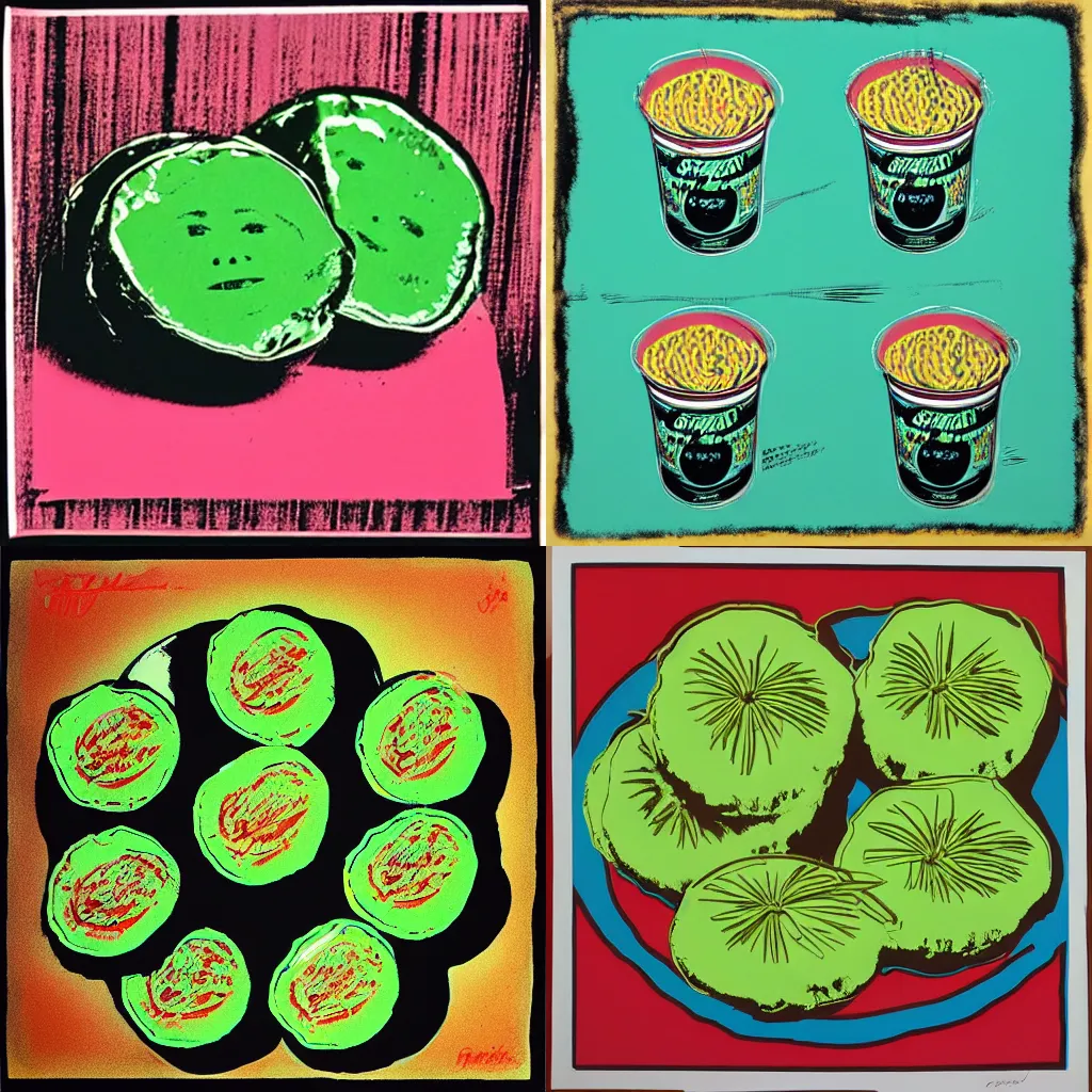 Prompt: “fried green tomatoes by Andy Warhol, screen print, mis registered, 7 colors”