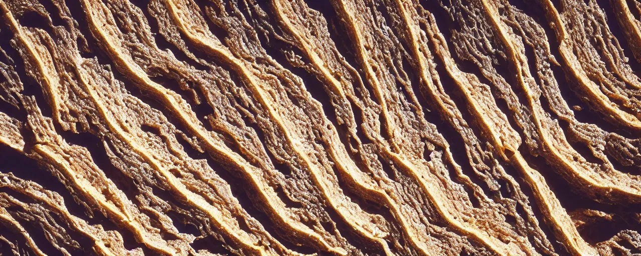 Prompt: macro shot of canyons made of bread with butter flowing through like a river, canon 1 0 0 mm, wes anderson film, kodachrome