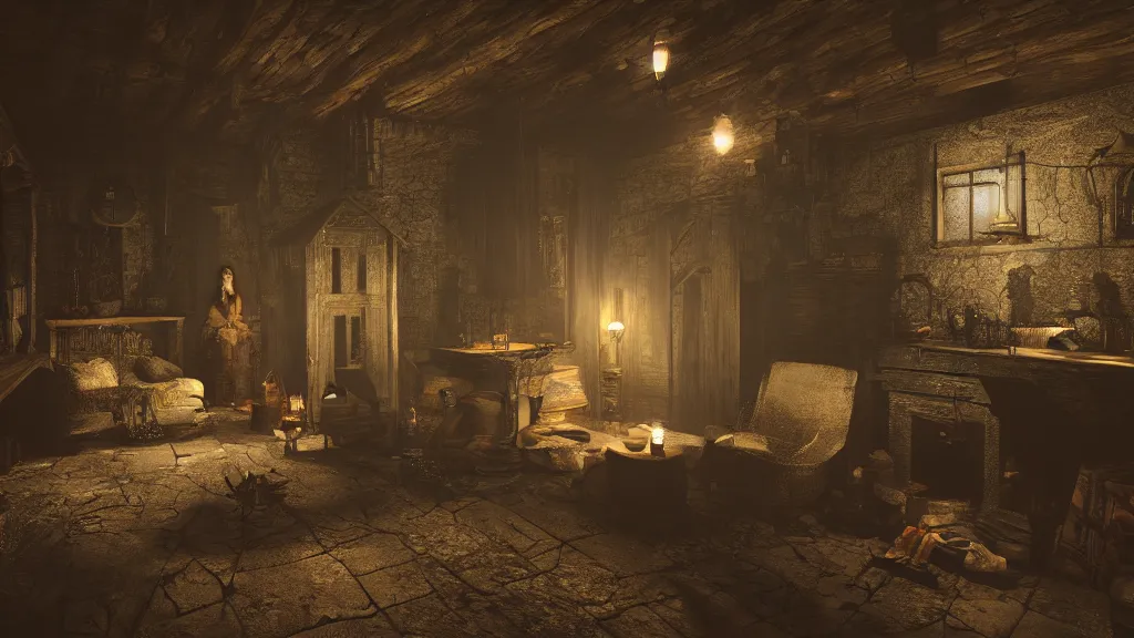 Prompt: A witch in the shadows of a dark decrepit medieval cottage at night, highly detailed interior, hyperrealistic, Lumion render, 8k UHD