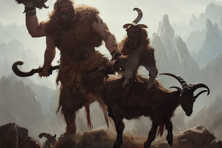 Image similar to hill giant wielding a goat as a weapon, horrifying brute by greg rutkowski, detailed painting