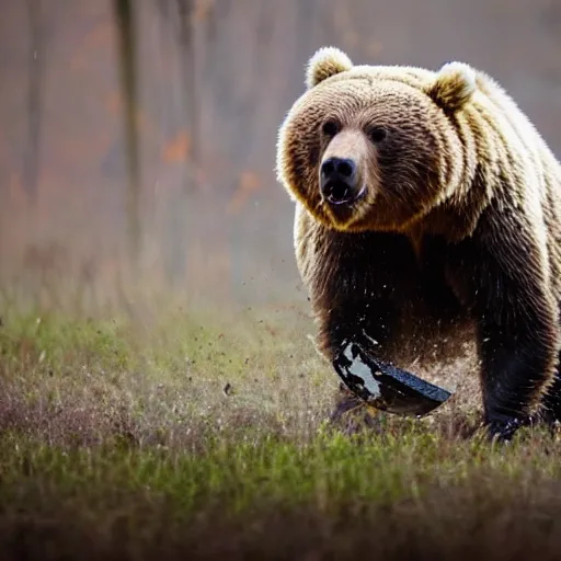 Prompt: Toad mushroom head running at a grizzly bear with an axe