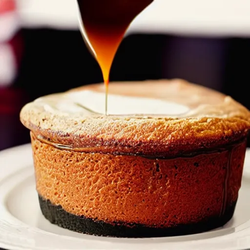 Image similar to a caramel toffee soufflé, cooked by a professional chef named santonio