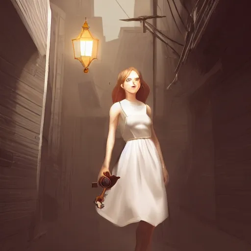 Image similar to a girl in a white dress, holding a lantern, dramatic lighting, walking through a dark alleyway surrounded by tall buildings, 8k, trending on artstation, drawn by wlop